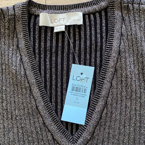 NWT LOFT Gold Metallic Shimmer Ribbed Midi Dress, SP - Picture 3 of 6